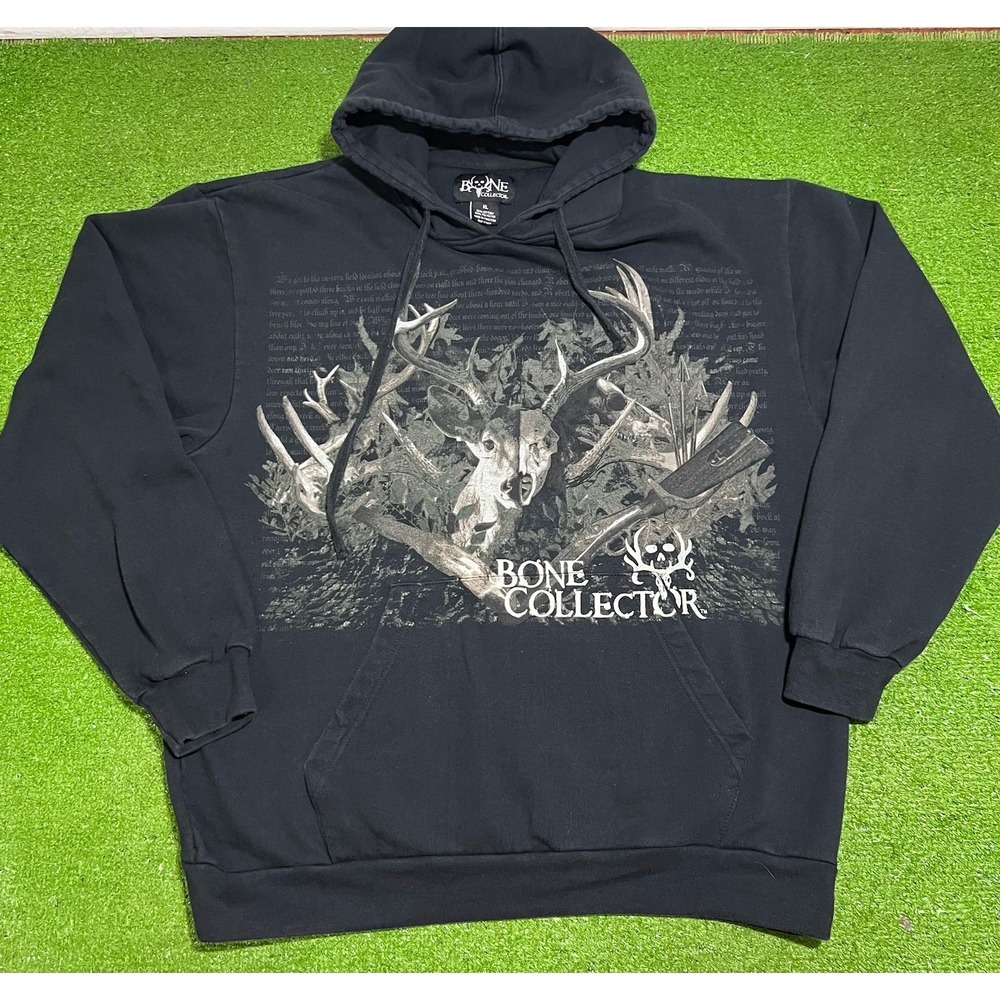 Vintage Hunting Hoodie XL Black Y2K Bone Collector Pullover Deer Skull Buck